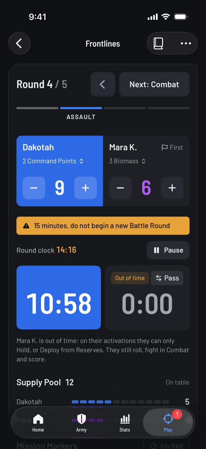 The phone tracker at the 15-minute call in round 4: an amber bar reads 15 minutes, do not begin a new Battle Round, the round clock shows 14:16 in amber, and Mara K. is out of time.