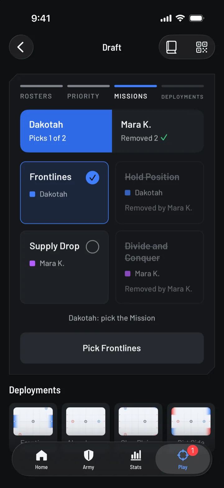The mission draft: Dakotah picks 1 of 2. Frontlines is selected, Hold Position and Divide and Conquer are struck through as removed by Mara K., and the button reads Pick Frontlines.
