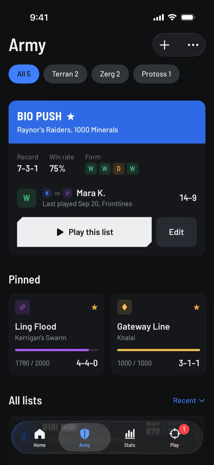 The Army tab: Bio Push leads on a blue band with its 7-3-1 record, 75% win rate, recent results and a Play this list button. Below it, Ling Flood and Gateway Line are pinned as tiles with their mineral totals and records.