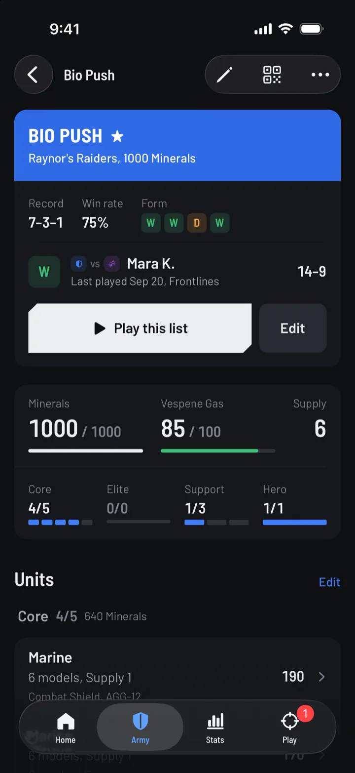 The Bio Push list page: its record, win rate and last game against Mara K., a Play this list button, then 1000 of 1000 minerals, 85 of 100 gas, the Core, Elite, Support and Hero slots, and its units.