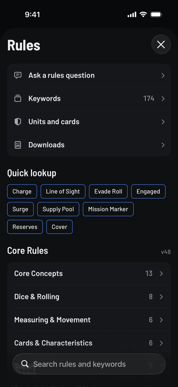 The Rules screen: Ask a rules question, Keywords, Units and cards and Downloads, quick lookup chips such as Charge, Line of Sight and Engaged, and the chapters of the Core Rules.