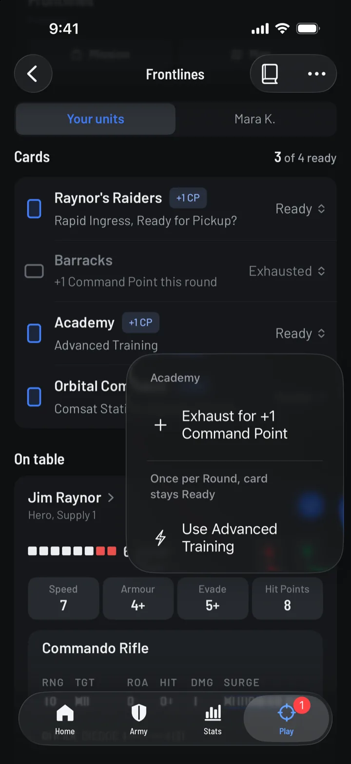 Tactical Cards in the tracker: Raynor's Raiders, Academy and Orbital Command ready, Barracks exhausted, and a menu on Academy offering Exhaust for +1 Command Point or Use Advanced Training.